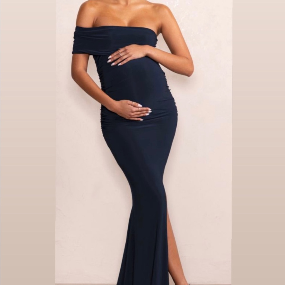 Strapless Navy Maternity Gown - Elegant Off-Shoulder Dress